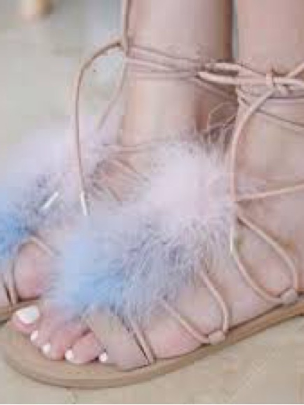Zara Blush Pink Lace-Up Sandals with Pastel Fur Poms - Picture 3 of 3